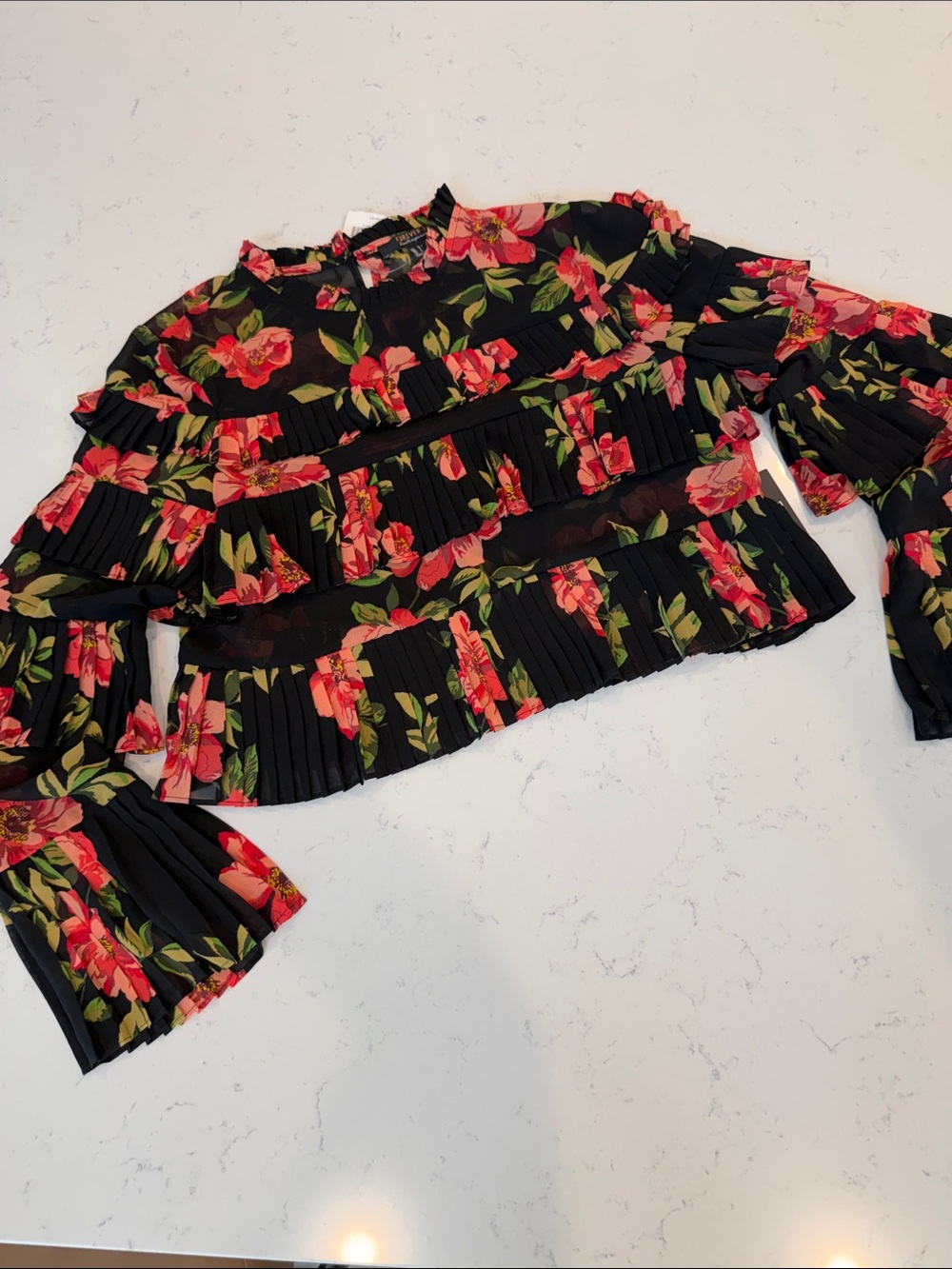 Forever 21 Black Top with Pink Floral Pleats